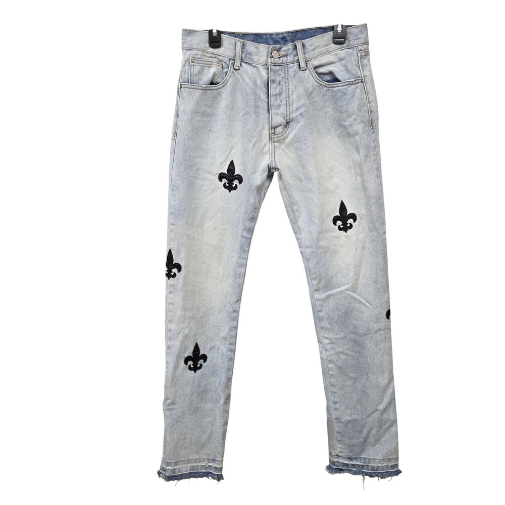 Mnml Jeans Men 32x34 Light Wash Fleur De Lis Embroidered Denim Saint Patch